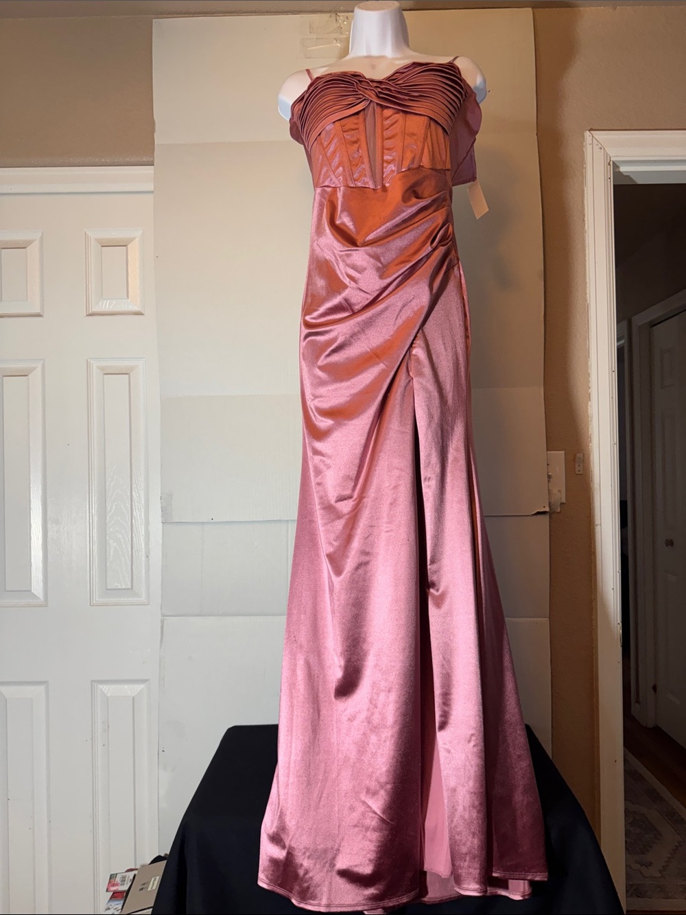 Honey and Rosie Rose Satin Off-Shoulder Prom Dress